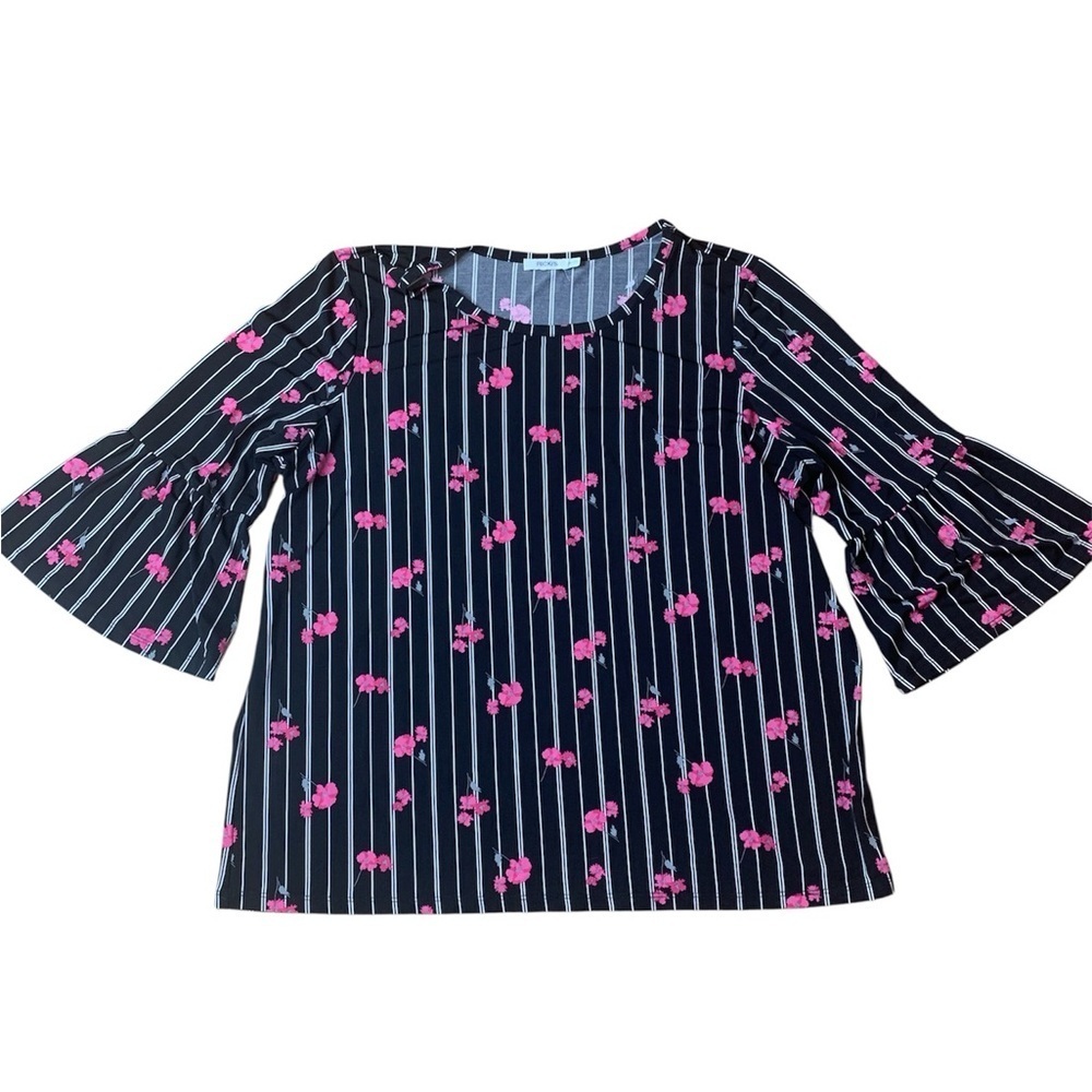 💜 Ricki’s Floral & Stripe Bell Sleeve Blouse - Black/Pink - XL